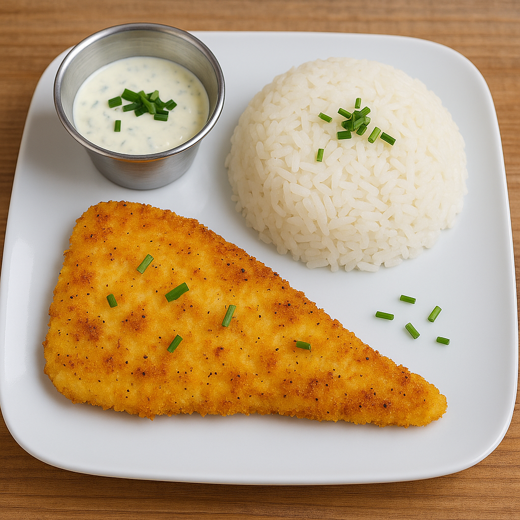 Poisson croustillant, riz et crème ciboulette